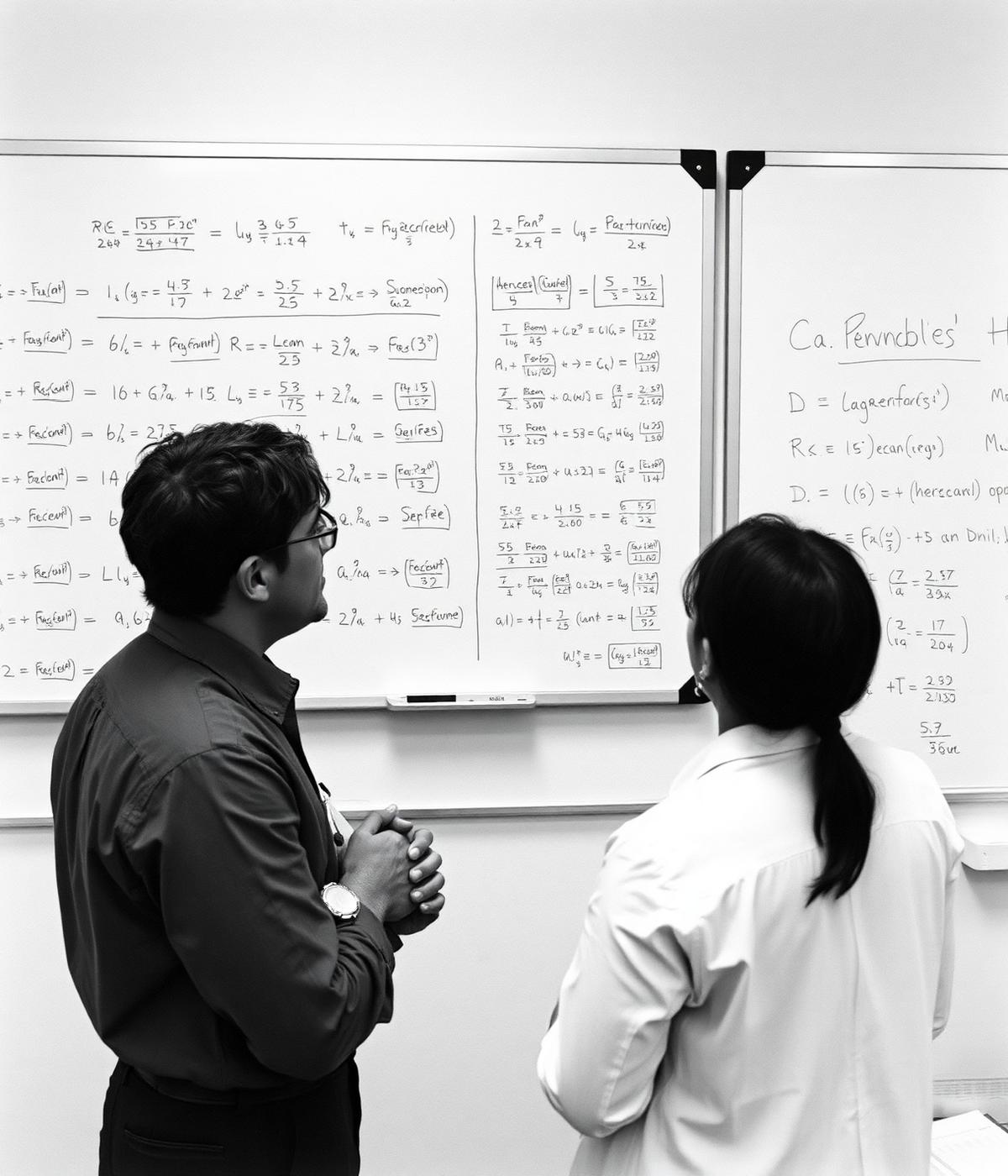Researchers discussing a model at a whiteboard